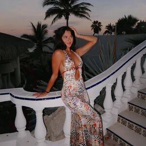 Floral Animal Print Halter Dress with Red Accents